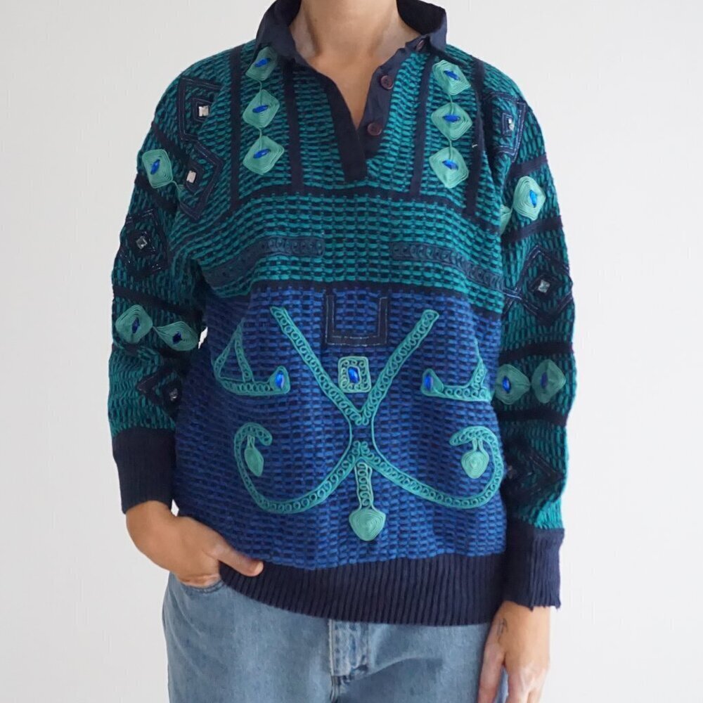 Vintage Bonnie Blue Teal Geometric Beaded Collared Button Front Sweater L